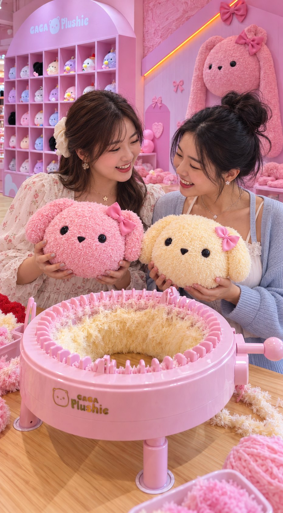 兩位好友在 GAGA Plushie 門市,各抱著剛做好的毛球娃娃,桌上是粉紅色編織機